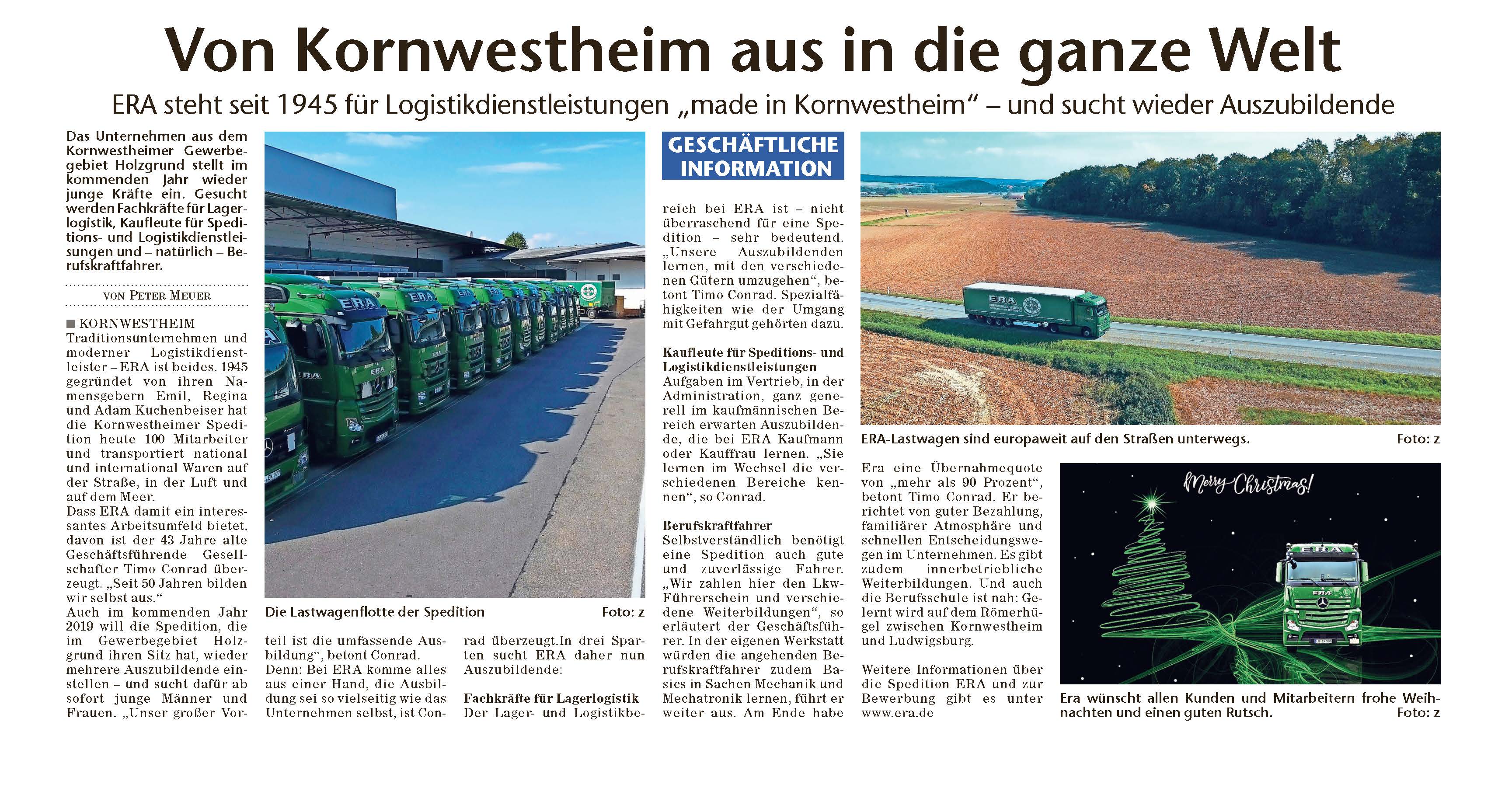 Artikel in der "Kornwestheimer Zeitung" vom 13.12.2018 www.era.de